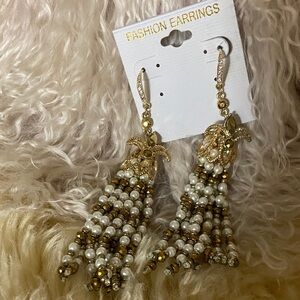 Gold and White Beaded Dangle Earrings